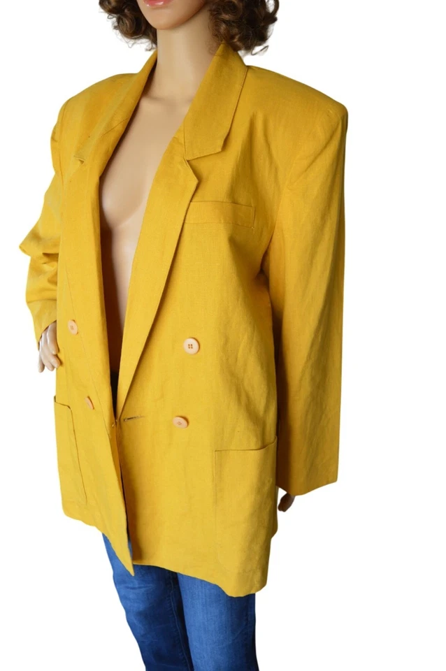 Blazer Adolfo Vintage Amarillo Mostaza Lino Algodón Doble Pecho Mujer Talla 14 Foto 3 de 4