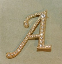 Retro Vintage Monogram Initial A Rhinestone Gold tone Brooch Pin  K3