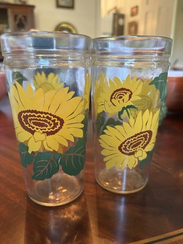 Vintage Sunflower Drinking Glass Tumbler Style Anchor Hocking 16 Oz, Set of 2