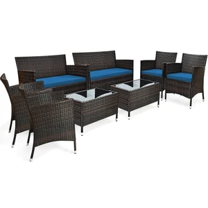 8PCS Patio Rattan Conversation Furniture Set Outdoor w/ Peacock Blue Cushion