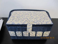 Vintage Sewing Basket Navy Blue w Patterned Top & Accents.  11"x6.5"x6.5"