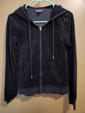 Womens Juicy Couture Black Velvet Velour Track Jacket Hoodie Y2K Size Large