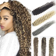 Invisible Tape In Deep Curly Human Hair Extensions Remy Skin Wefts Highlight 18"