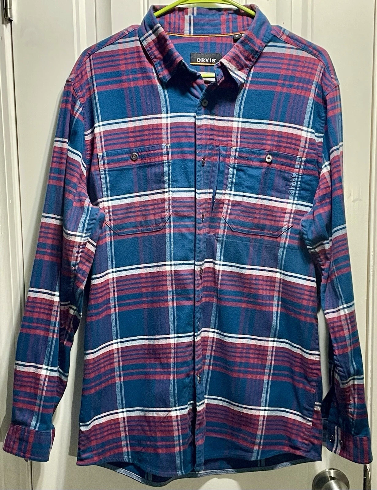 Orvis Flannel Shirt Mens Size Medium Blue Red Plaid Casual Outdoor Shacket Wear