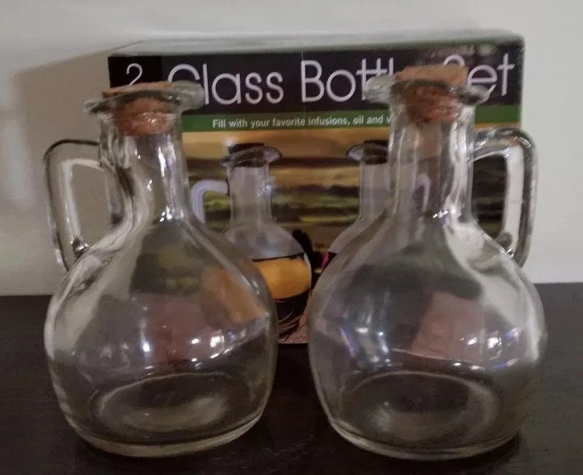 Two (2) Clear Glass ~ Bottle Set ~ Oil & Vinegar Jars with Cork Stoppers