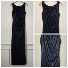 LAUREN by Ralph Lauren Shiny Metallic Like Fabric Navy Blue Long Evening Dress 6