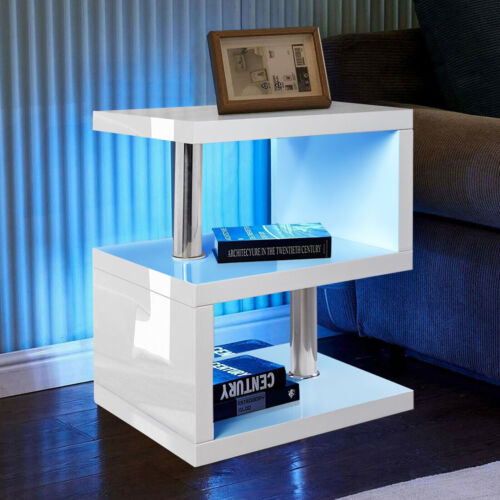 High Gloss Side Coffee Table 2 Tier Bedside End Table With LED Light Living Room - Afbeelding 1 van 36