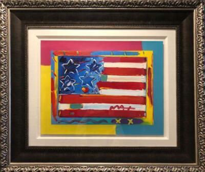 Peter Max, Flagge Mit Herz, Mischtechnik Mit Acryl Auf Papier, Signiert