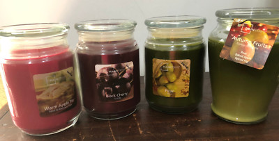 New Lot of 4 Mainstay Candles: Warm Apple Pie, Black Cherry, Pear, Autumn Fruits