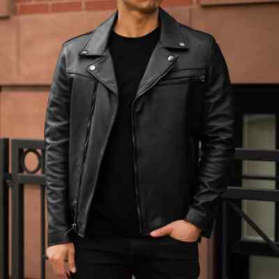 Men's Black Genuine Lambskin Motorcycle Biker Cafe Racer Leather Coat Jacket