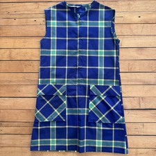 Vtg Sears Plaid Jumper Dress Girls 8 Blue Green Preppy Dark Acadamia 70s Pockets