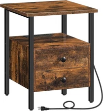 HOOBRO End Table with Charging Station, Bedside Rustic Brown + Black 