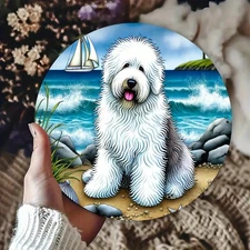 Vintage English Sheepdog Beach Waves Round Metal Art 787Inch