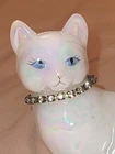 VTG Fenton April Birthstone Cat Iridescent White w/Blue Eyes/Rhinestone Collar