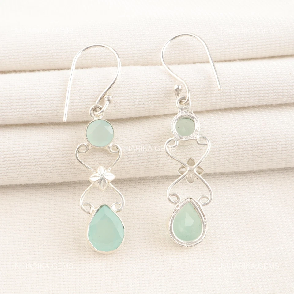 Acqua Calcedonio Pietra Goccia Chakra Della Gola Orecchini Gioielli 925 Argento - Immagine 3 di 4