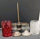 Vintage Wallace Silver Plate Double Pickle Castor w/ Glass Insert, Fork & Tongs — photo 3