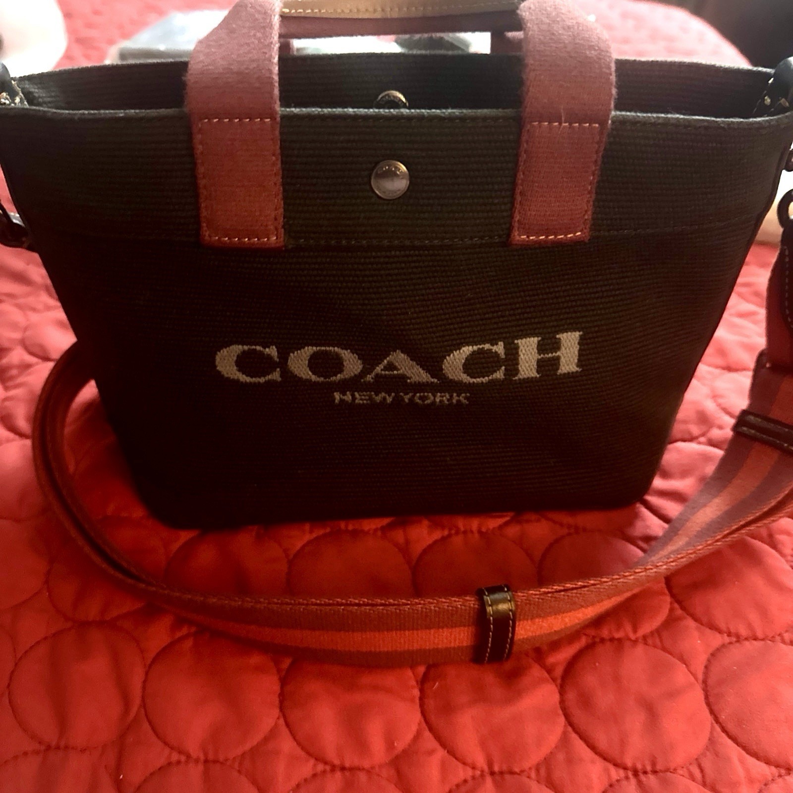 Coach Mini Black & Ruby Canvas Tote with Detachable Crossbody Strap and Top Handles