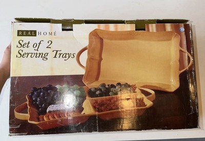 Real Home Set of 2 Stoneware Serving Trays Rustic Distressed Design 18'' Platter