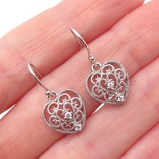 925 Sterling Silver Round-Cut C Z Swirl Heart Dangle Earrings