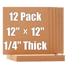 Cork Board Tiles 12 Pack 12x12 Inch Square 1/4 Thick Self Adhesive Pin Wall