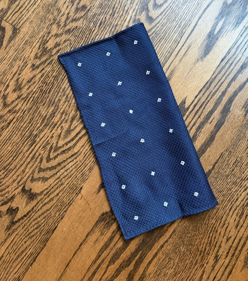 Sam Hober Navy Blue Grenadine Grossa White Flower Pocket Square - Image 2 of 4