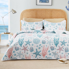 Twin Quilt Bedding Set Coastal Pink Bedspreads - Soft Bed Summer Beach Nautical