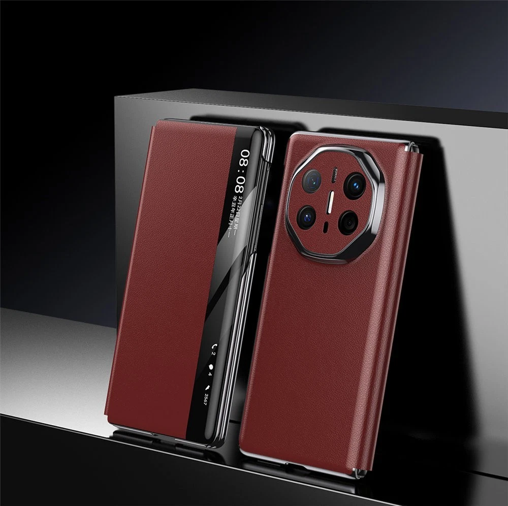 Premium Cowhide Leather Hinge Flip Case For Huawei Mate X6 X5 Window View Cover - Picture 18 of 21