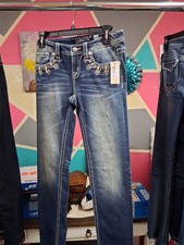 Miss Me Embroidered Rhinestone Blue Denim Straight Jeans Button 5-Pocket Women