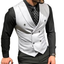 Men's Double Breasted Suit Vests Casual Business Vests Slim Fit Medium White
