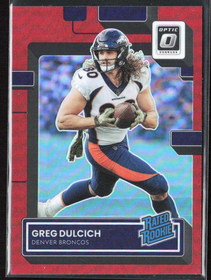 2022 Panini Donruss Optic Greg Dulcich Red Prizm Rookie /99 #288 Denver Broncos