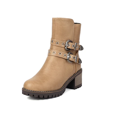 Women Booties Mid Chunky Heel Round Toe Zip Up Casual Buckle Fashion Ankle Boots - Bild 24 von 29