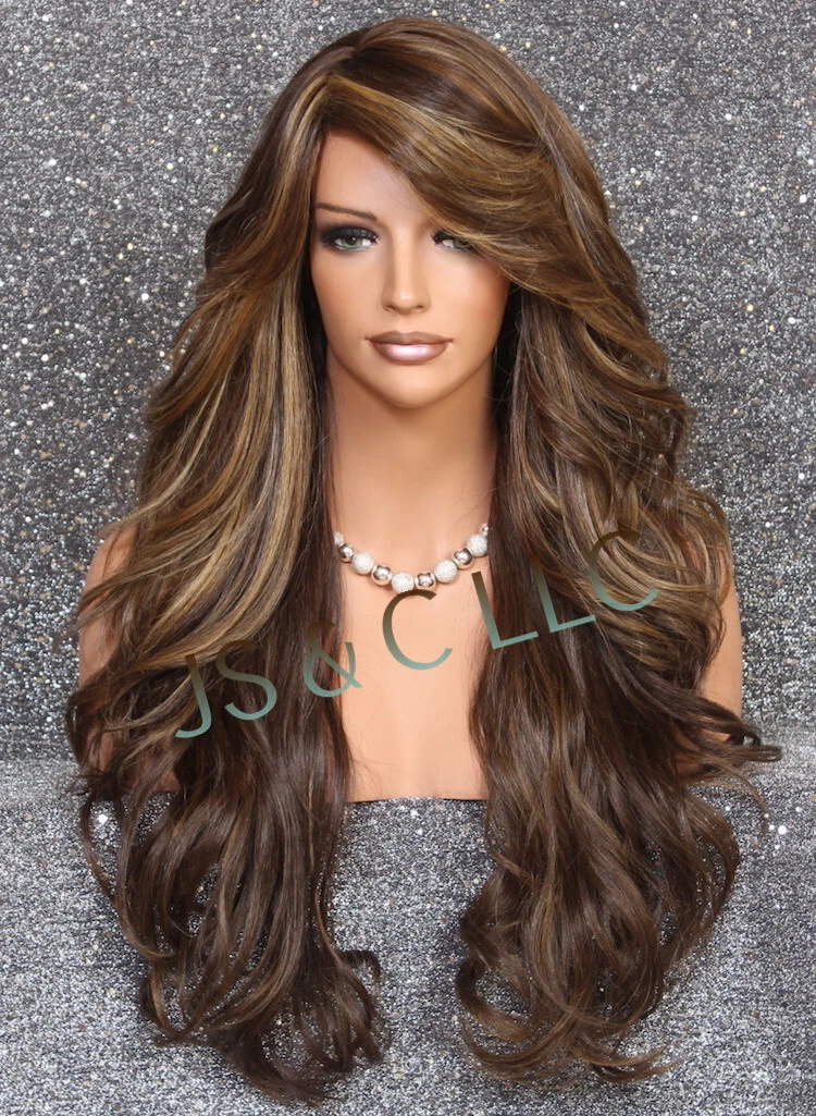 Human Hair Blend Full Wig Long Caramel Brown Mix wavy Heat OK WBVA 8/27/613  | eBay