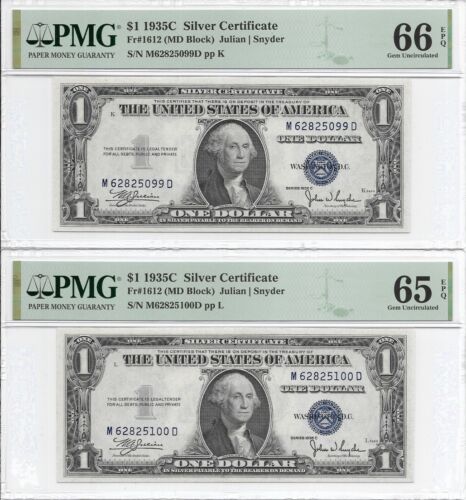 1935C $1 SILVER CERTIFICATES, 2 PMG GEM Uncirculated 65/66 EPQ Banknotes.