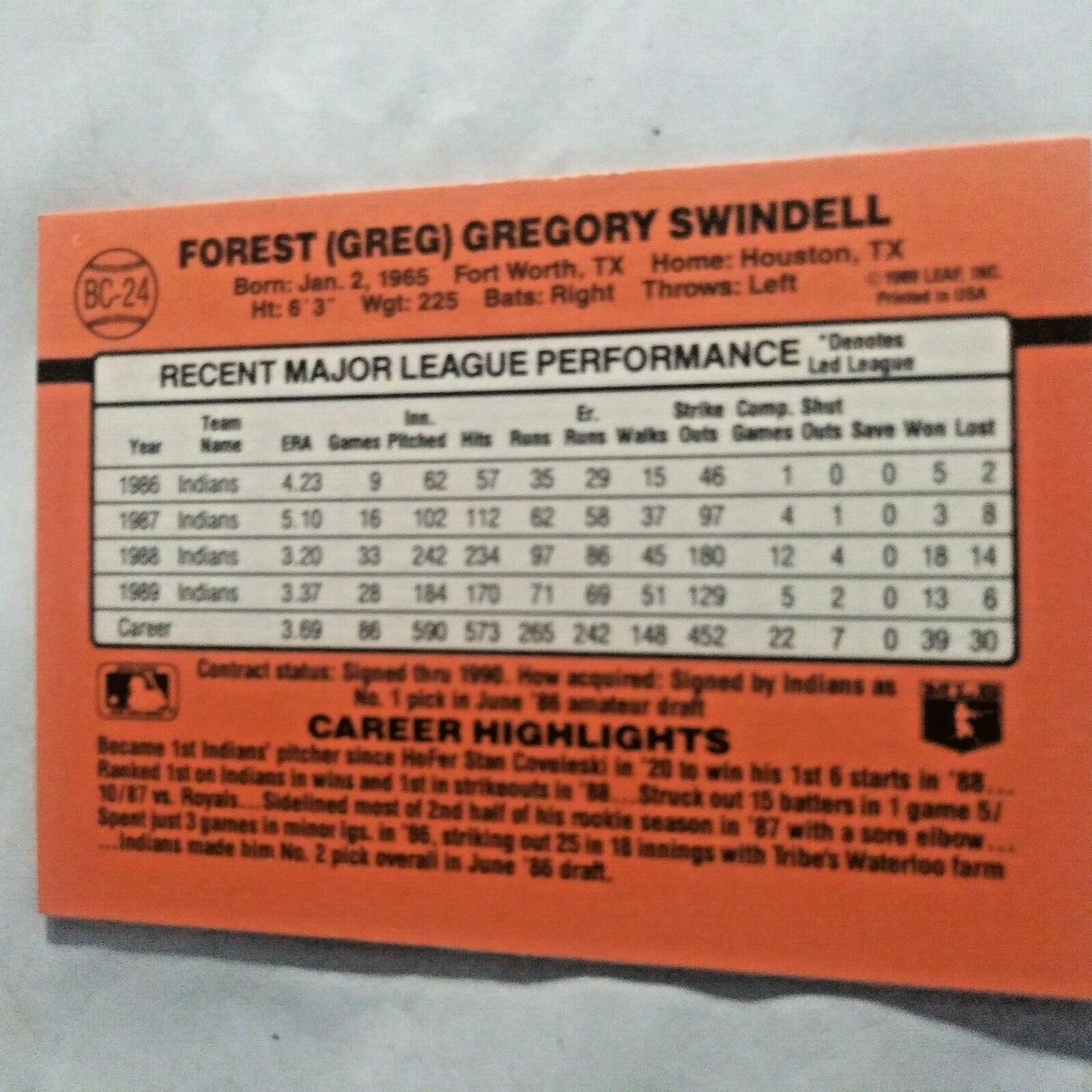 1990 Donruss #BC-24 Greg Swindell ERROR NO Dot INV Baseball CARD