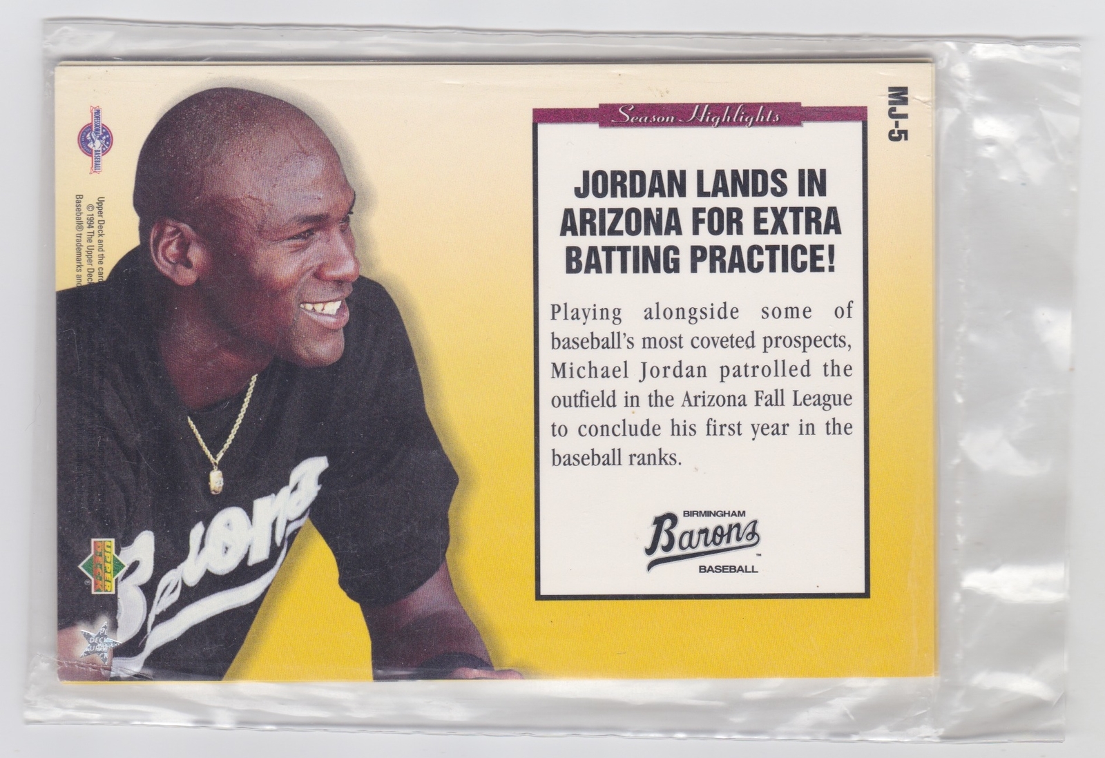 1994 UPPER DECK MICHAEL JORDAN BARONS BASEBALL 5 CARD SET 31/2" X 5