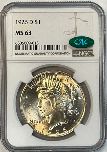 1926 D Peace Silver Dollar $1 NGC & CAC MS63 - Green Sticker, Denver