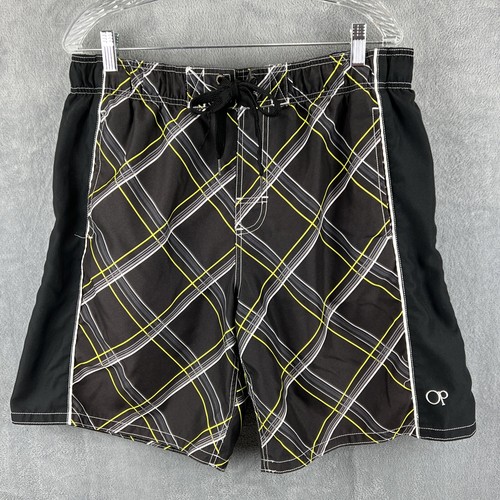 OP Swim Trunks Mens Large 36 Black Neon Yellow Mesh Lined Elastic Shorts 9"