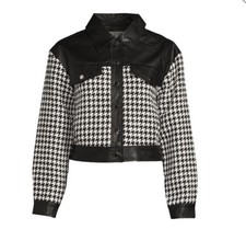 Wdny Black And White Houndstooth And Faux Leather Cropped Jacket Size L