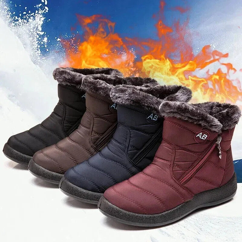 Women's Waterproof Slip-On Snow Boots - Fur-Lined, Warm Ankle Boots, Size US 8 (Black) 7 thumbnail image