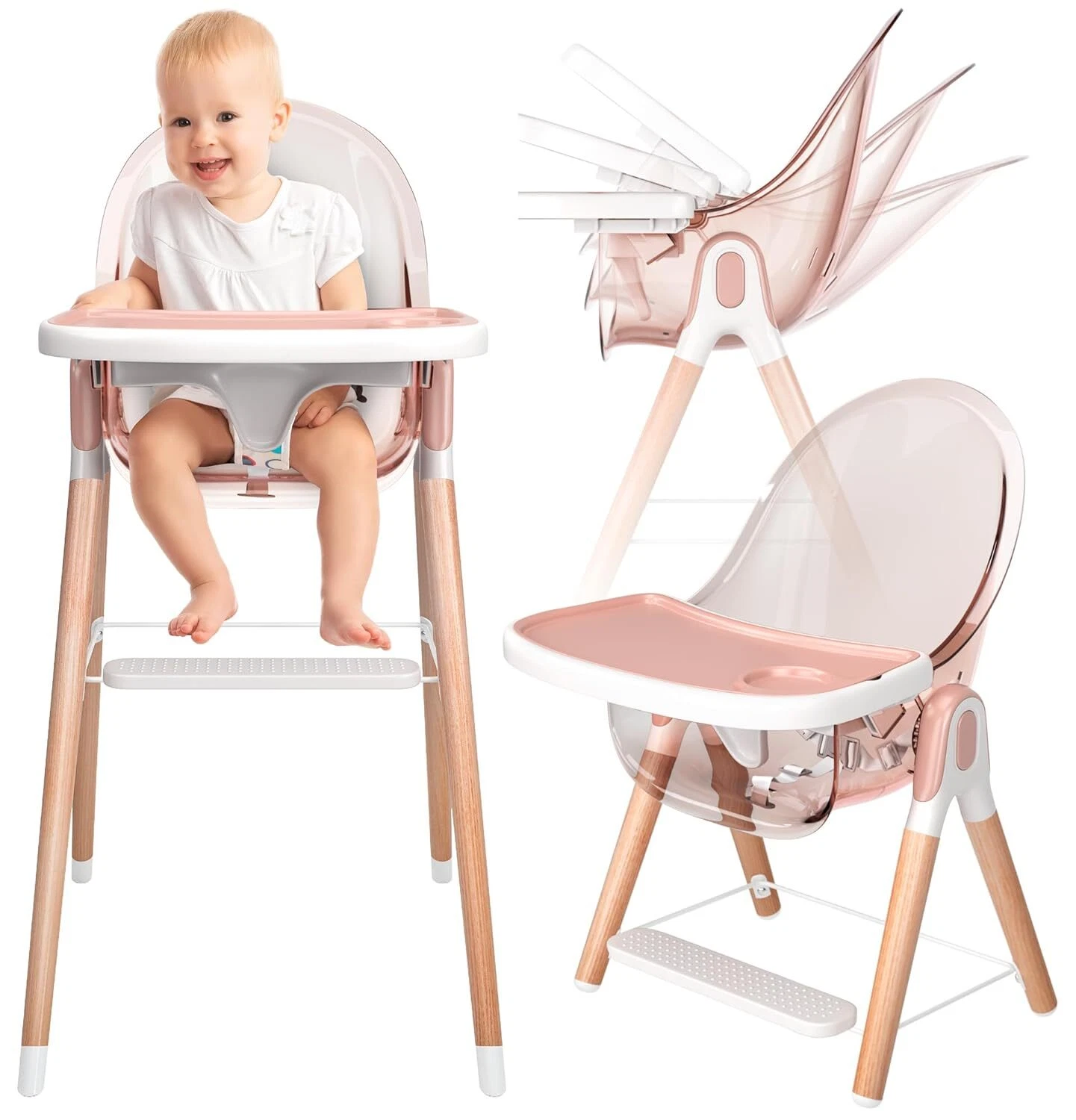 Children of Design 6 in 1 Deluxe Wooden High Chair for Babies & Toddlers, pink