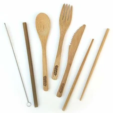 Bamboo Utensils Travel Set, Wooden Fork, Knife, Spoon, Chopsticks, Straw,& Brush