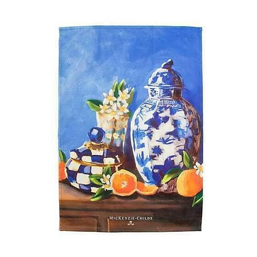 Mackenzie Childs Royal Check Still Life Art Dish Towel Chinoiserie Vase Oranges