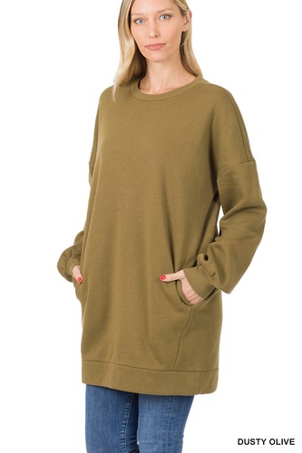 Women Round or V Neck Oversized Long Sweatshirt Loose Warm Fleece Top w/ Pockets - Picture 12 of 32