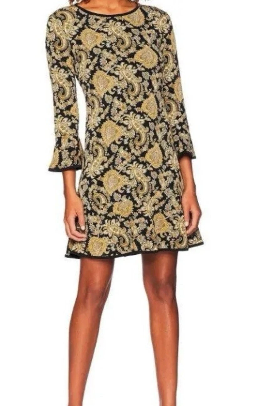 Abito donna Michael Kors nuovo con etichette taglia XS nero oro paisley manica a campana