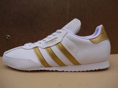 Adidas Samba Super White Leather CUSTOM Gold Stripes Logo UK