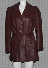 Vtg Nordstrom Brown Belted Thigh Length Leather Coat Flap Pockets Wm's 10 Nice