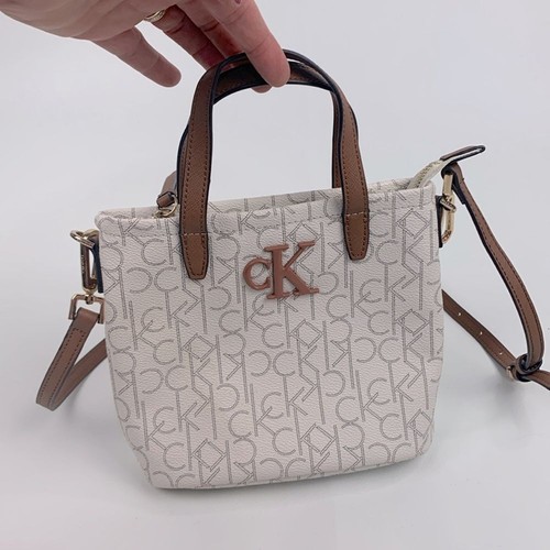 Calvin Klein CK Cream Brown Crossbody Satchel Bag purse Gold hardware Lined - Picture 13 of 15