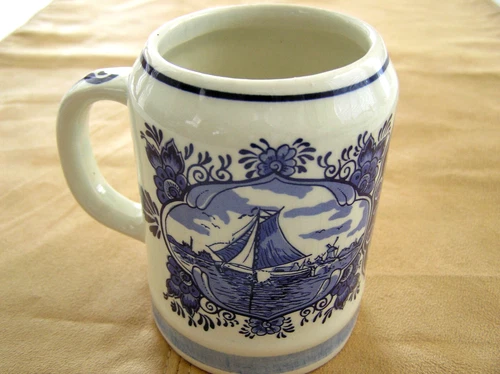 Vintage Hand Painted  Delft Blue Ceramic Mug 4" Tall
