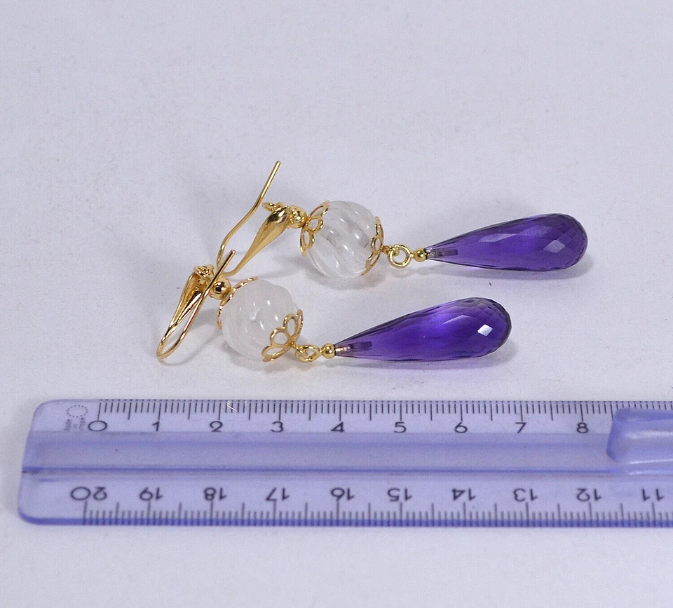 ORECCHINI ARGENTO 925 DORATO PENDOLI AMETISTA 10 mm  CRISTALLO ROCCA -AGHT 0566- - Immagine 3 di 3