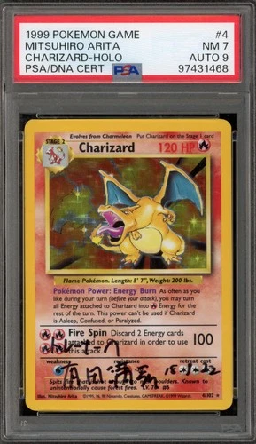 Pokemon Charizard Base Set Unlimited Holo Rare #4 Mitsuhiro Arita Auto 9 PSA 7